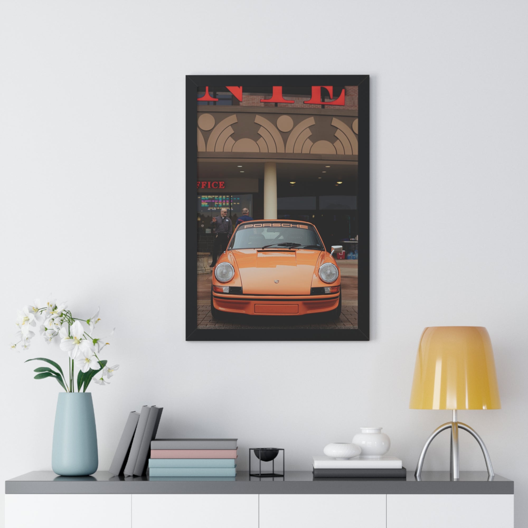 Orange Porsche vertical wall art framed poster 