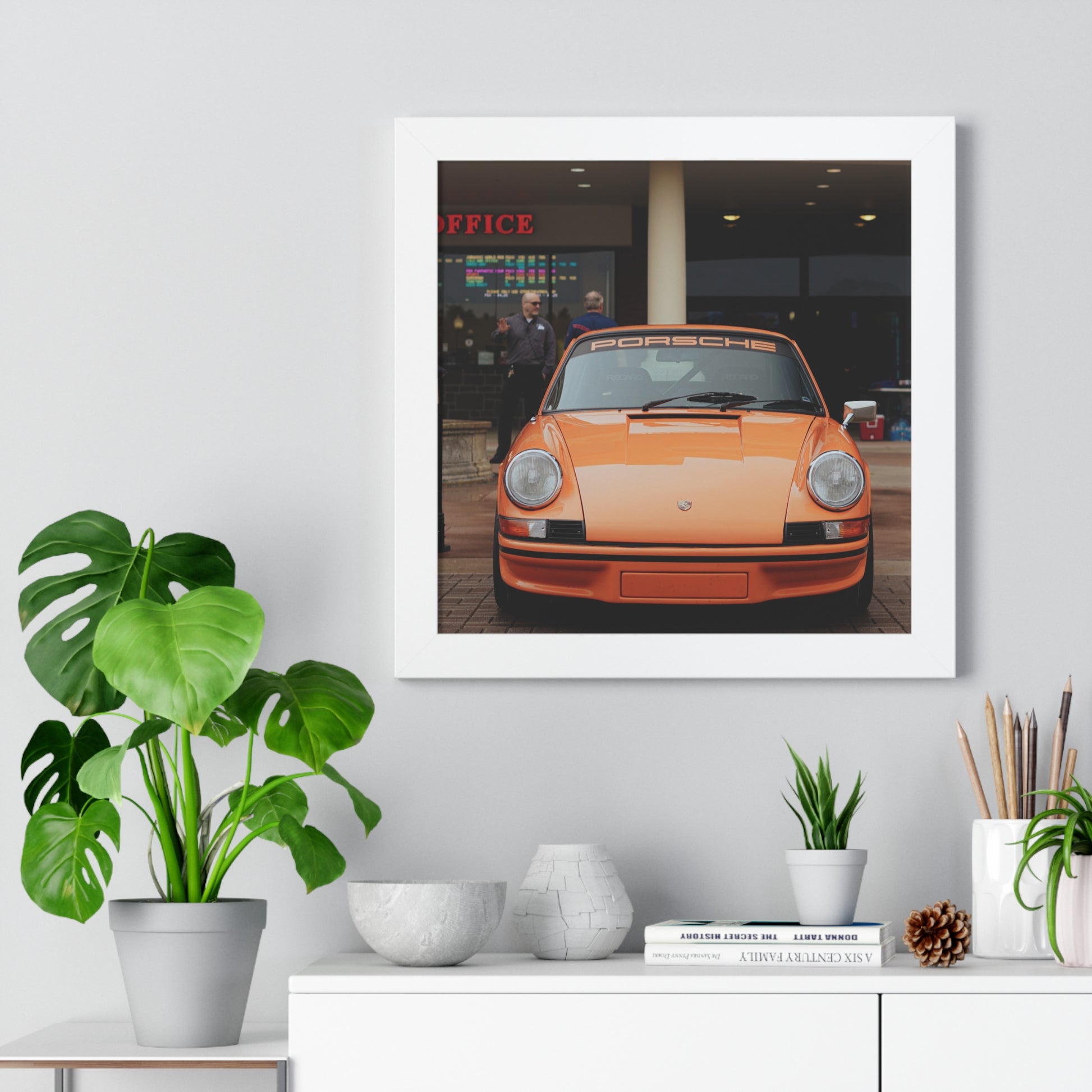 Orange Porsche automotive art poster framed 