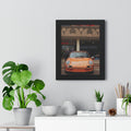 Framed vertical orange Porsche poster for man cave 