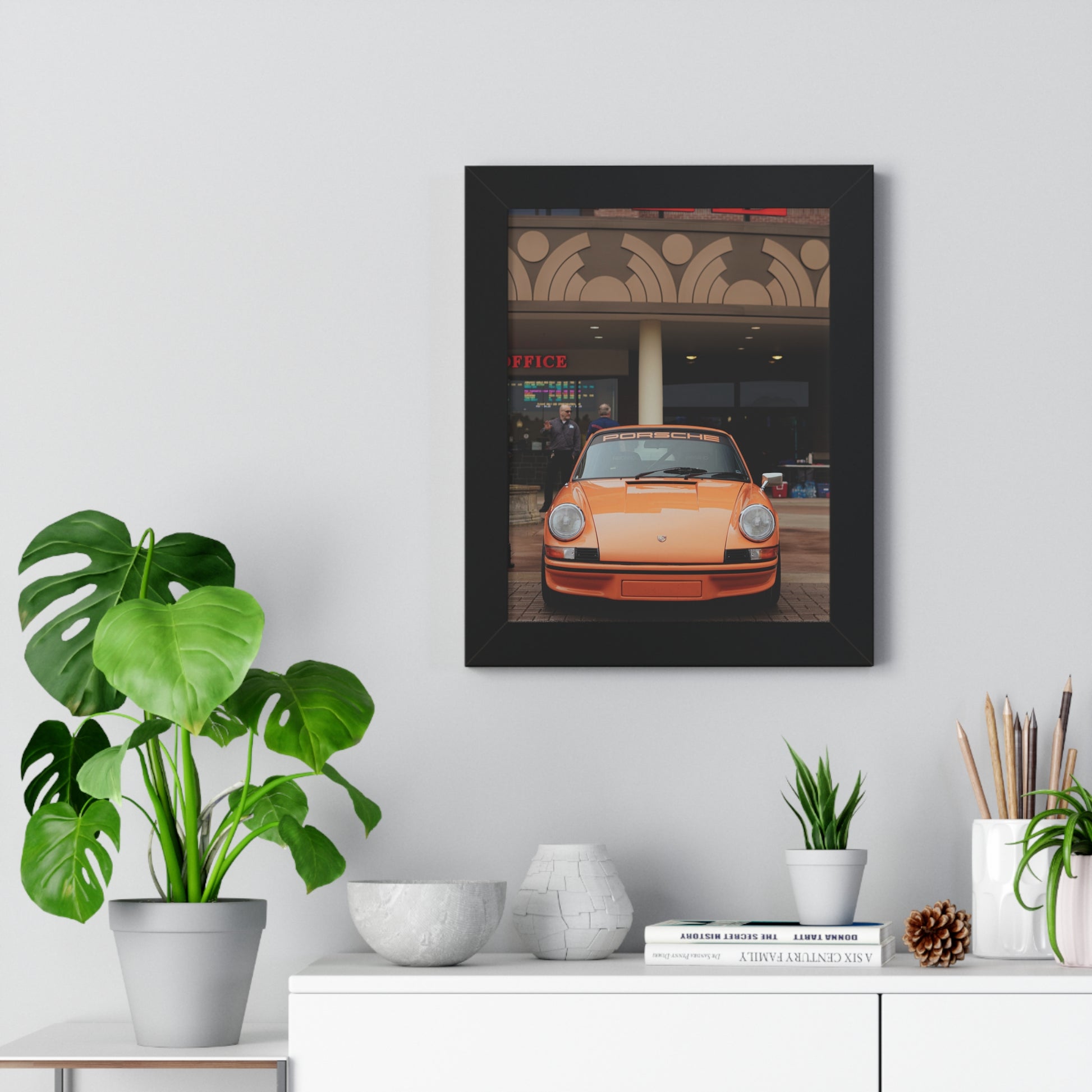 Framed vertical orange Porsche poster for man cave 