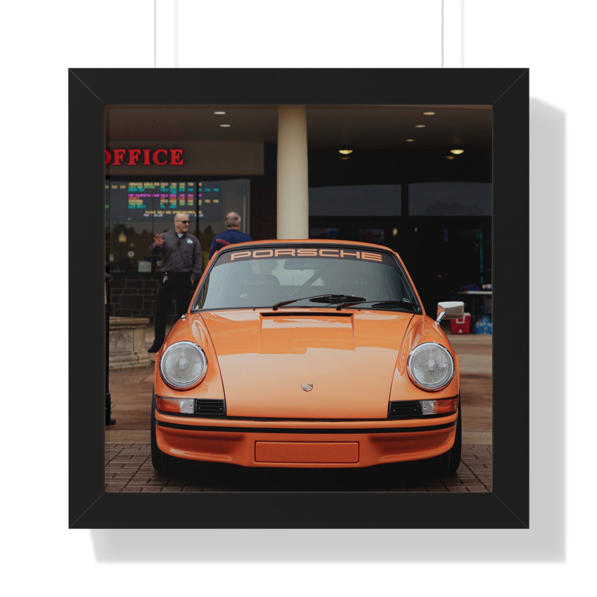 Orange Porsche framed poster for car enthusiasts 