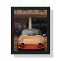 Modern framed orange Porsche poster decor 