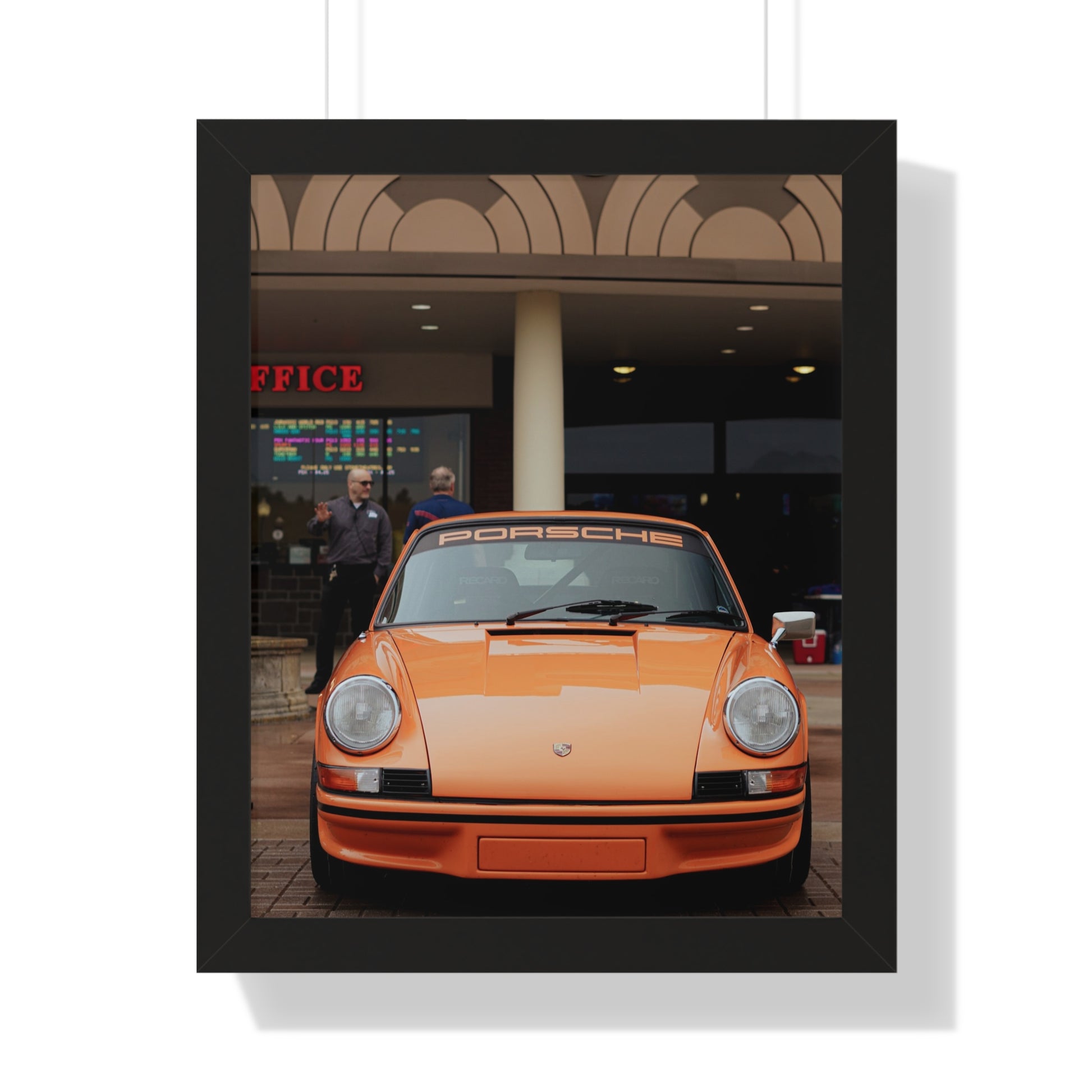 Modern framed orange Porsche poster decor 