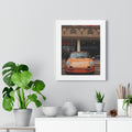 Framed orange Porsche car poster for living room 
