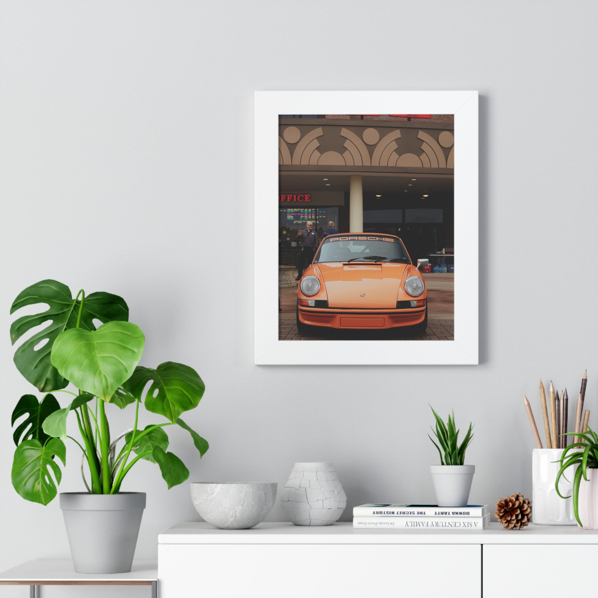Framed orange Porsche car poster for living room 