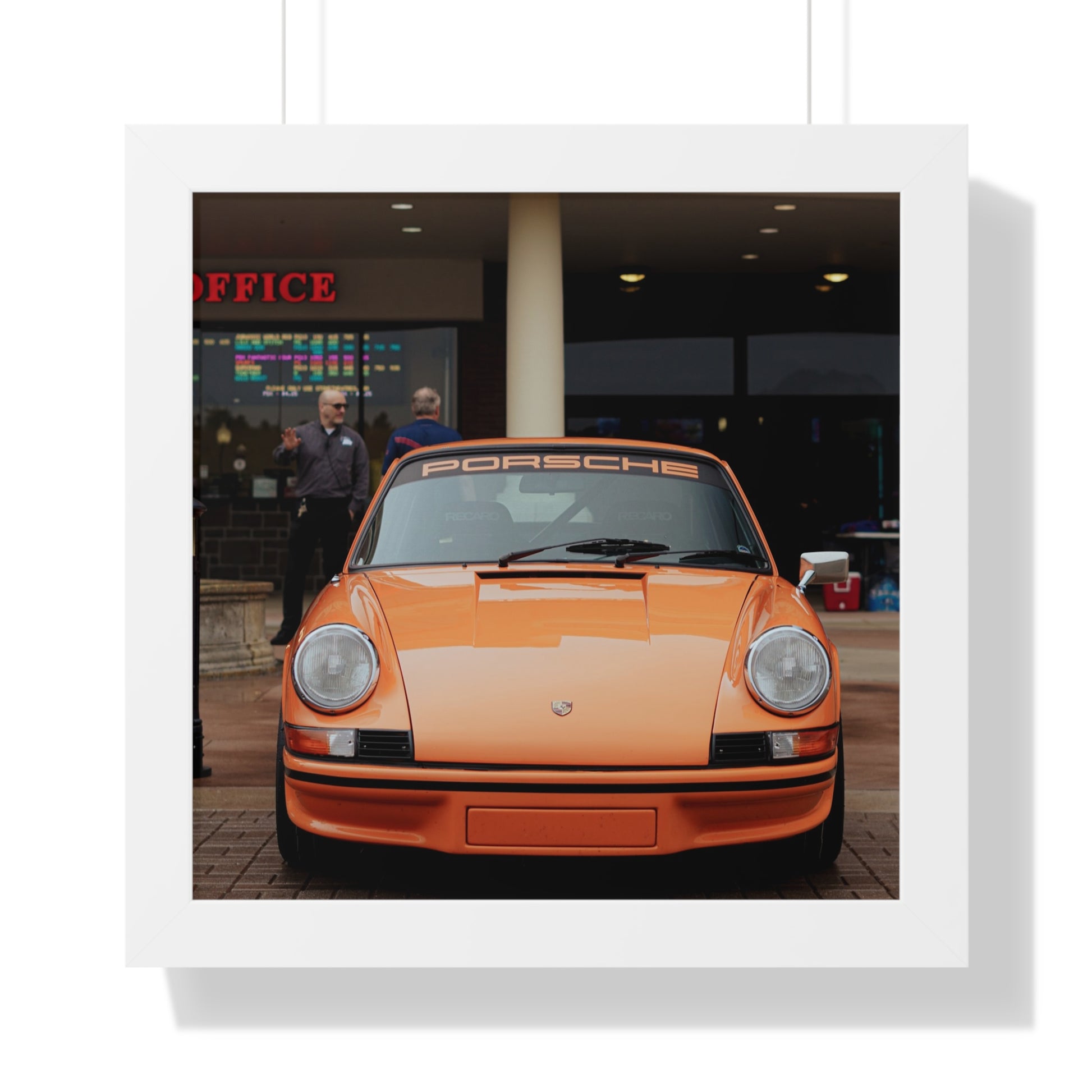 Orange Porsche framed wall art for office decor 